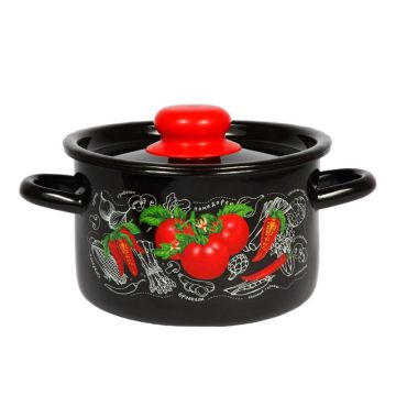Кастрюля 1,5л эмалированная Помидорки, чёрная с рисунком. Россия