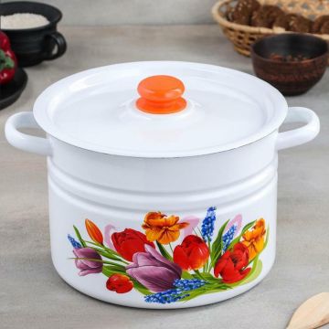 Кастрюля 8,0л эмалированная Тюльпан май, белая, рисунок. Россия